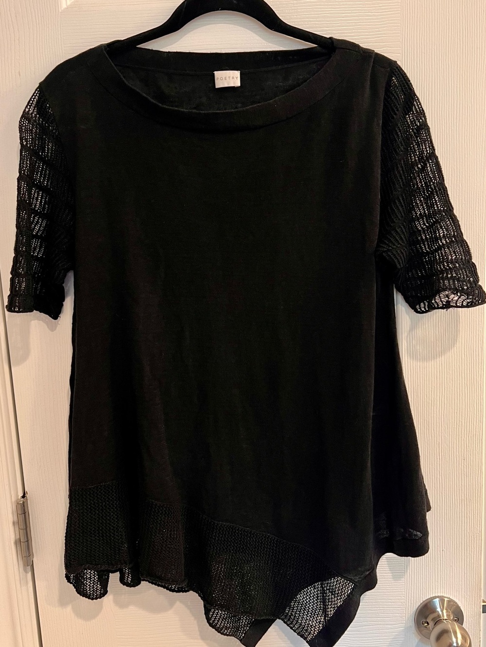 Poetry 100% Linen Black Crochet-Sleeve Women's Blouse Tunic Top Flawed Sleeve
